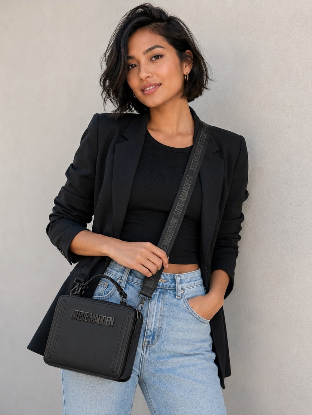 Steve Madden Black Structured Crossbody Camera Bag with Logo Strap